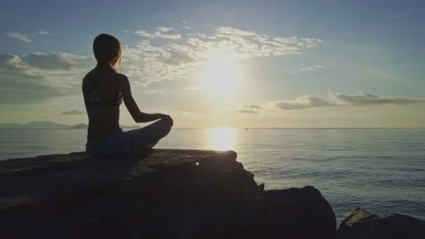 Meisje doet yoga op rotsachtige strand — Stockvideo