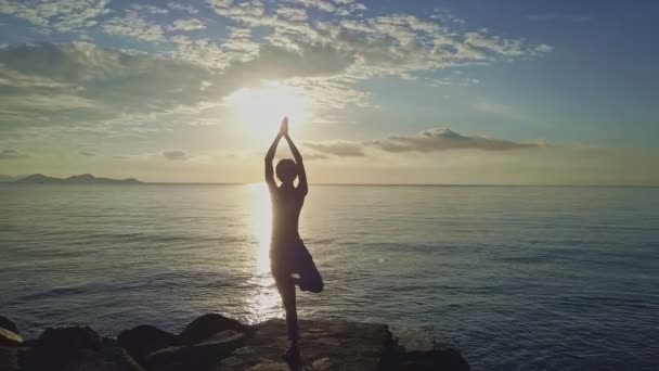 Дівчина робить йогу на кам'янистому пляжі — стокове відео