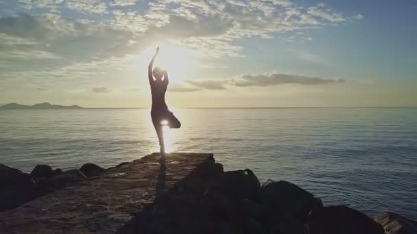 Girl does yoga on rocky beach — Stock Video