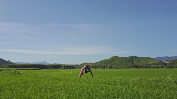 Meisje doet yoga in rijst veld — Stockvideo