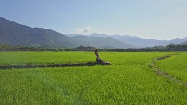 Девушка, занимающаяся йогой на рисовом поле — стоковое видео