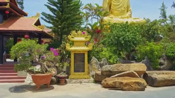 Zlatý Buddha socha mezi tropickými rostlinami — Stock video