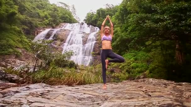 Женщина занимается йогой возле водопада — стоковое видео