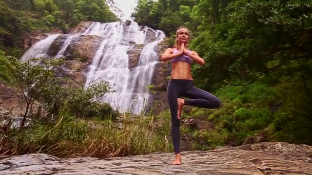 Kvinnan gör yoga nära waterfall — Stockvideo