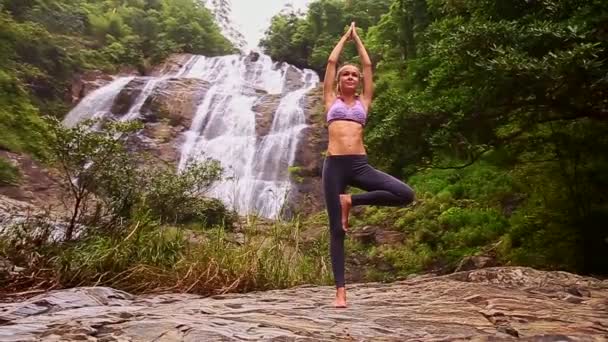 Mujer haciendo yoga cerca de la cascada — Vídeos de Stock
