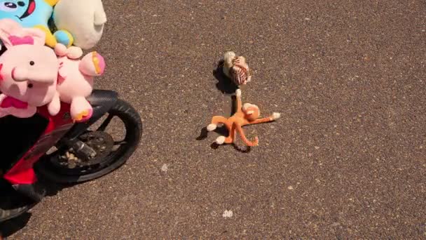 Woman takes away toys from asphalt — Stock Video
