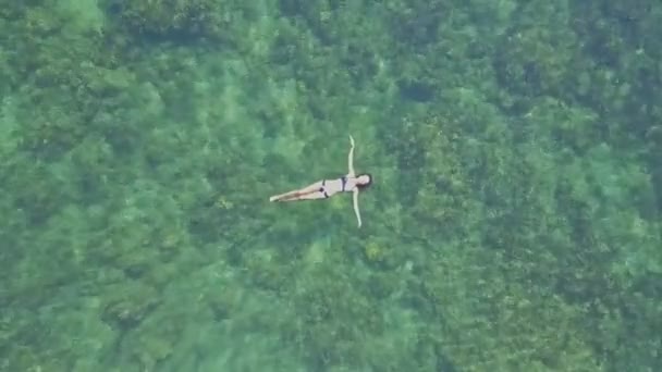 Fille nager sur retour dans l'eau de l'océan — Video