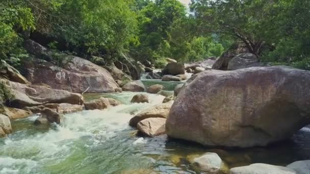 Rio de montanha com cascatas de corredeiras e rochas — Vídeo de Stock