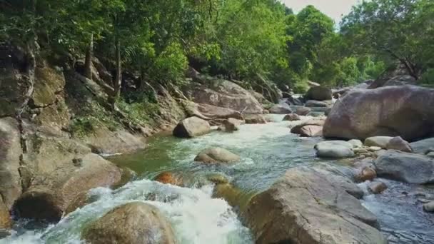 Горная река с каскадами порогов и скал — стоковое видео