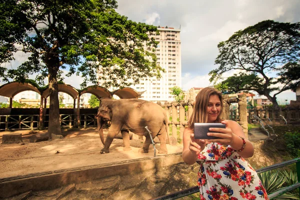 Menina Loira Vestido Florido Faz Selfie Por Elefante Resort Zoológico — Fotografia de Stock