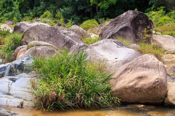 Closeup Large Stones Polished Mountain River Waterfalls Green Grass — Stock Photo, Image