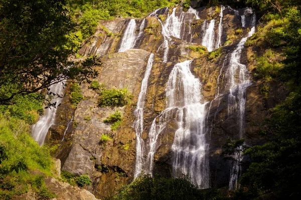 熱帯植物の中に隠れて急な崖に沿って美しい高泡滝の流れ落ちる — ストック写真