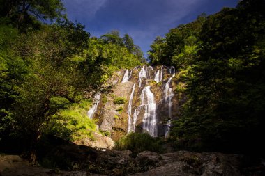 sarp uçurum mavi gökyüzü altında tropik bitkiler arasında gizli sporlarına güzel yüksek şelale