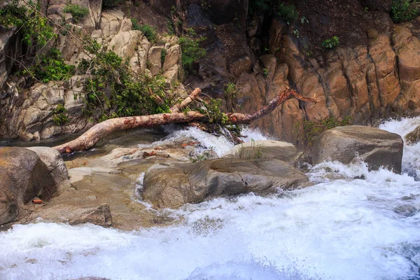 茶色の石や木の幹に対して泡沫山川の流れのカスケード — ストック写真