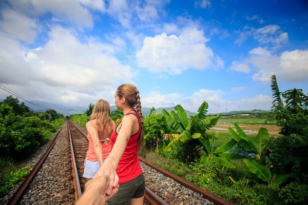 Backside View Two Young Blonde Girls Vests Shorts Stand Railway — Stock Photo, Image