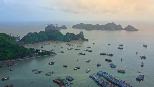 Океанська затока з човнами і кораблями проти островів — стокове відео