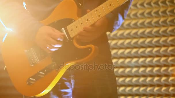 Closeup Guy Denim Shirt Jeans Plays Electric Guitar Studio Spotlights — Stock Video