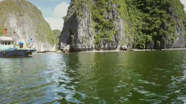 Boat with people gathering garbage out of bay — Stock Video