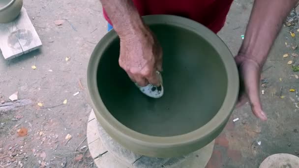 Closeup Man Hands Polish Large Finished Clay Pot Inner Side — Stock Video