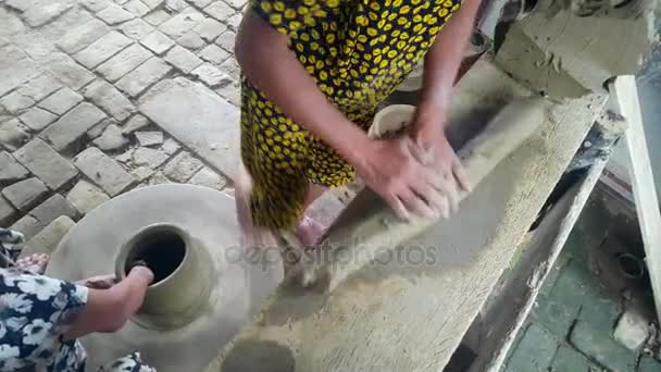 Closeup Woman Stands Table Rolling Out Clay Helps Other Woman — Stock Video