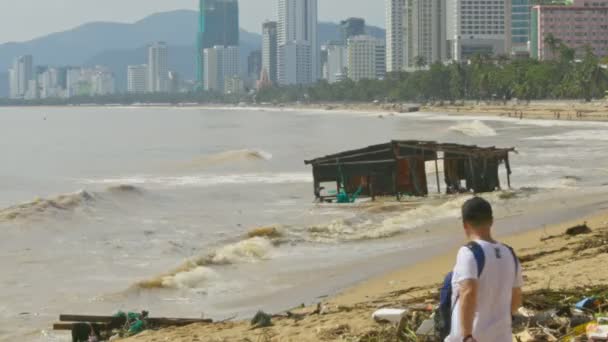 Nha Trang Vietnam November 2017 Ruined Building Torn Shore Floats — Stock Video