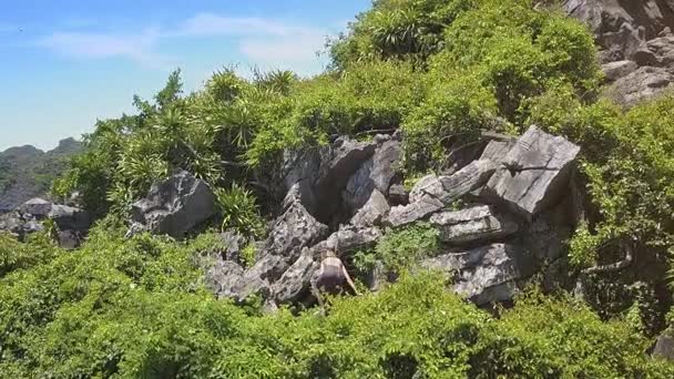 Athletic girl climbs large rocks — Stock Video