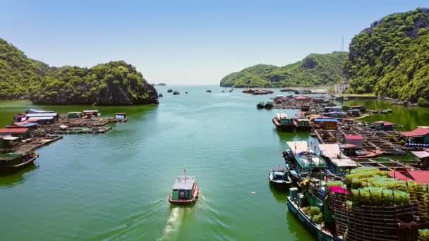 Vietnam Augusti 2017 Flycam Följer Motorbåt Seglar Bildmässigt Azurblå Havet — Stockvideo