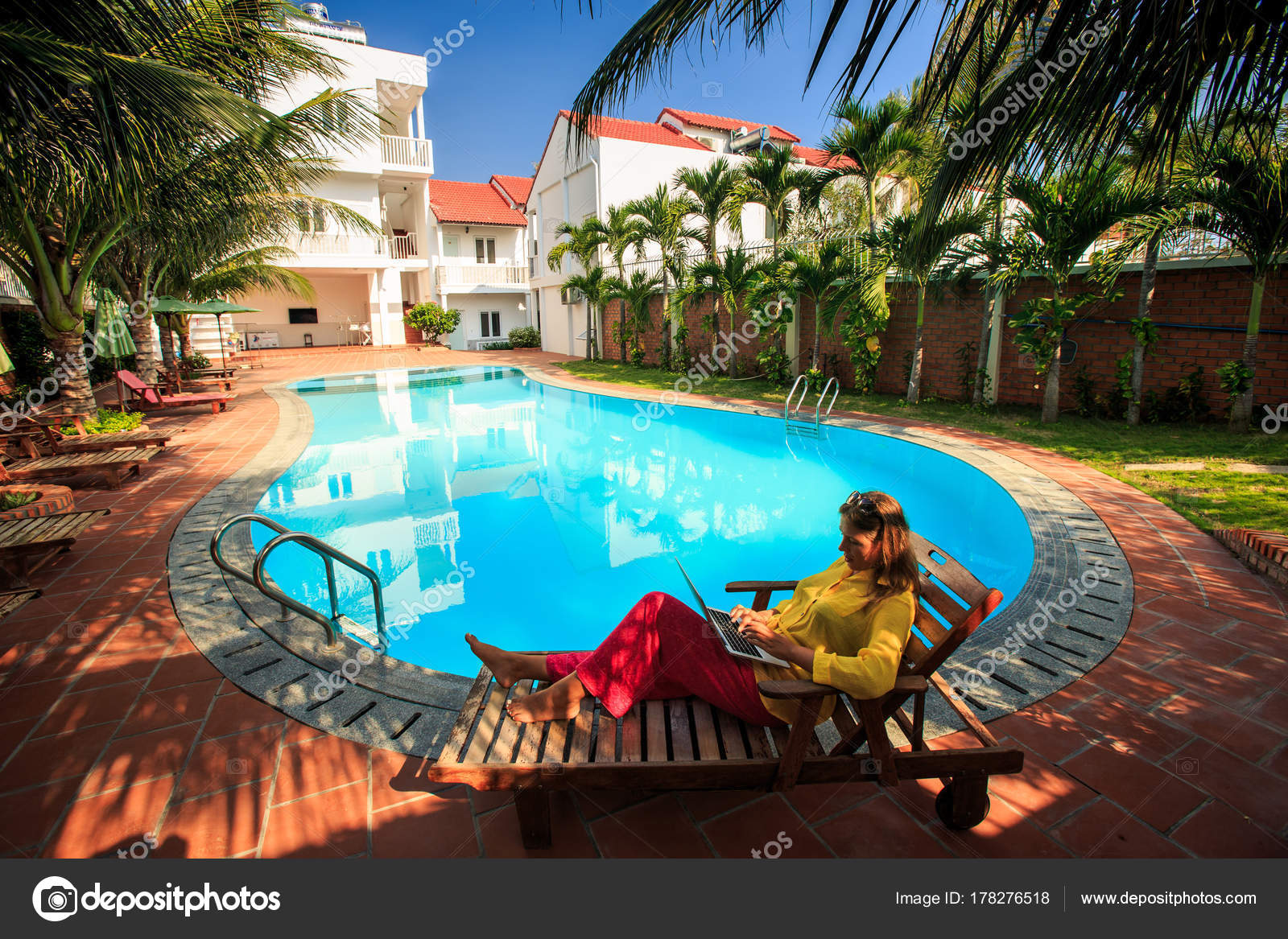 Young Woman Yellow Long Sleeves Blouse Relaxes Folding Chair