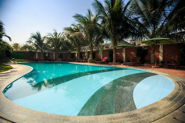 oval swimming pool with azure water surrounded by brick fence palms and sun umbrellas in resort city