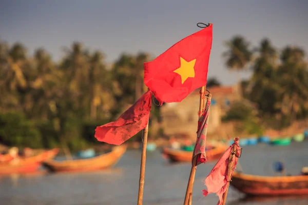 Closeup Large Red Vietnamese National Flag Fishing Boat Azure Sea — Stock Photo, Image