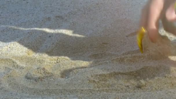 特写女孩的手腕表挖出金比特从海洋沙滩沙的真实模型 — 图库视频影像