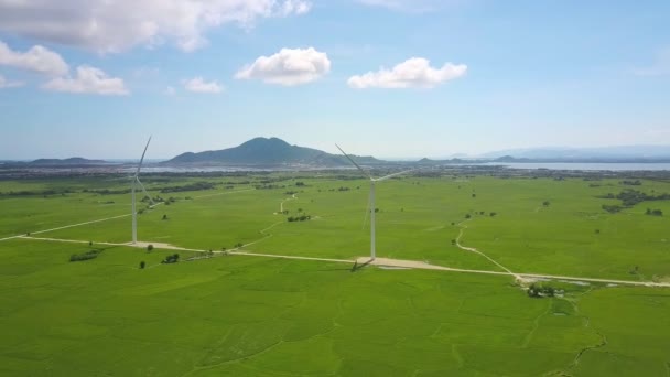 Maravilhosa Vista Panorâmica Verde Vale Ensolarado Estações Energia Eólica Trabalhando — Vídeo de Stock