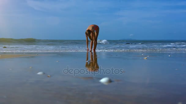 Athletic Slim Girl Swimsuit Holds Yoga Position Tadasana Sand Beach — Stock Video