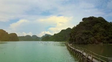 Drone eski dar ahşap köprü doğal mucize Ha uzun Bay tropikal Adası'na giden ince kız takip