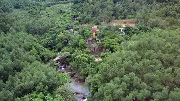 无人机显示在古代佛教寺庙附近的道路和河流之间的热带森林的黄金站佛雕像 — 图库视频影像