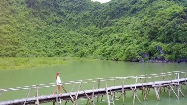 ドローンに続く有名なハロン湾の緑の穏やかな海の上の古い木製の橋を歩いている背の高い女の子 — ストック動画