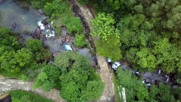 Vista Aérea Camino Tierra Sucia Serpenteando Largo Río Montaña Rápida — Vídeo de stock