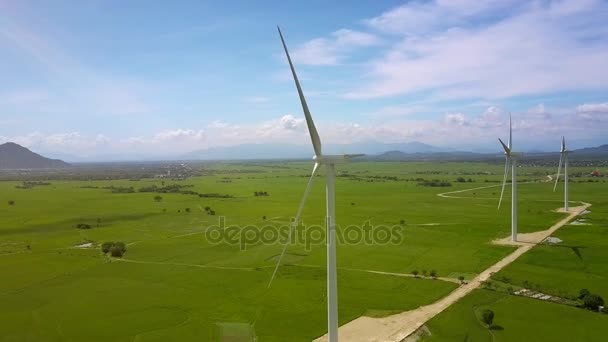 Vista Panorámica Aerogeneradores Ecológicos Giran Campo Verde Contra Cielo Sin — Vídeo de stock