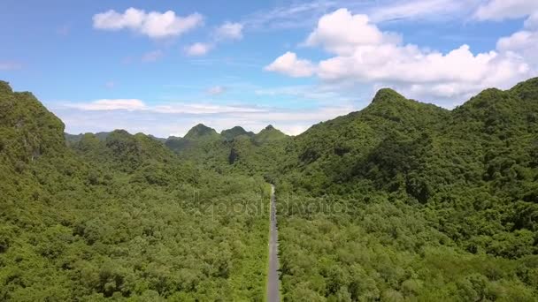 Prachtige Luchtfoto Moderne Weg Verdwijnt Ruimte Tussen Groene Heuvels Tegen — Stockvideo