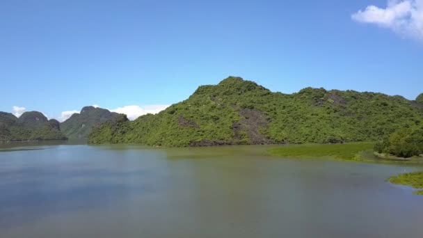 ドローンは白い鳥を示しています大きい山島と青い空の雲に対する海面上を飛ぶカモメ — ストック動画