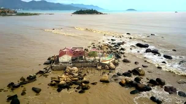 Amazing Aerial View Waves Roll Small Island Yellow Sea Brown — Stock Video