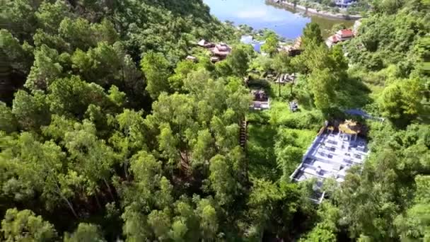 drone vole au-dessus des arbres tropicaux élevés près de merveilleux temple bouddhiste antique et cimetière contre ville sur la côte de baie 