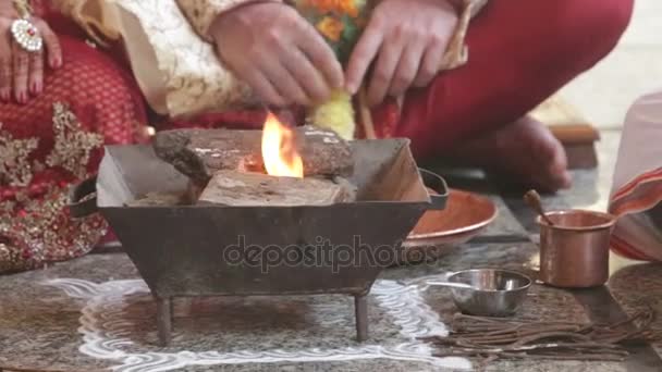 Closeup Orange Red Flame Burns Special Ceremonial Metal Fireplace Pot — Stock Video
