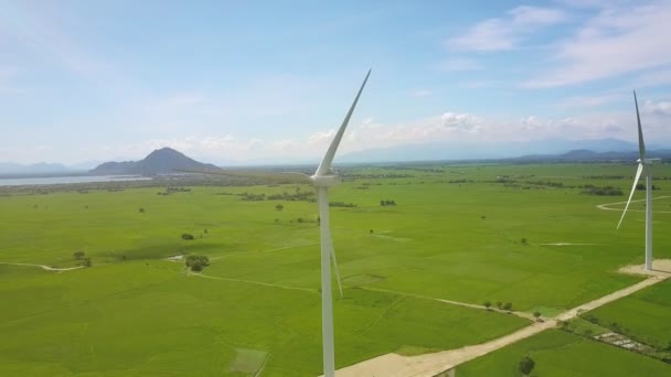 Malerischer Oberblick Leichter Wind Bewegt Turbinenflügel Zwischen Grünen Wiesen Vor — Stockvideo