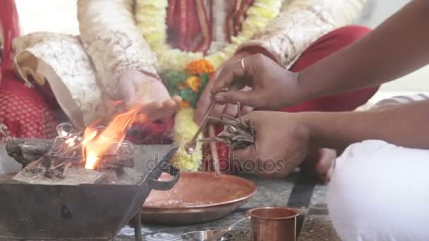 Closeup Groom Puts Small Wooden Sticks Given Indian Woman Fireplace — Stock Video