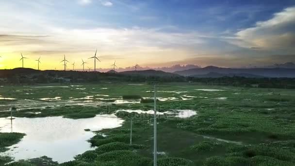 空中景观小湖泊之间的绿色牧场和现代强大的风电场反对日落多云的天空 — 图库视频影像