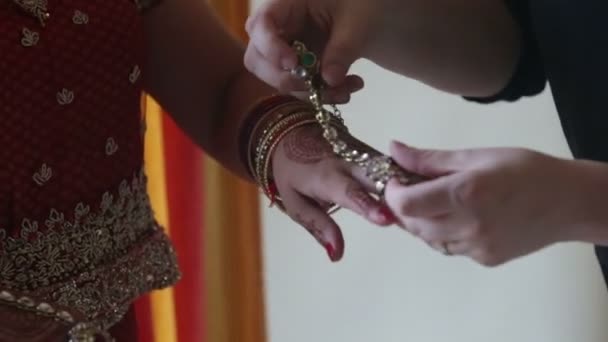Closeup Woman Red Wedding Costume Dresses Ring Bracelet Set Hands — Stock Video