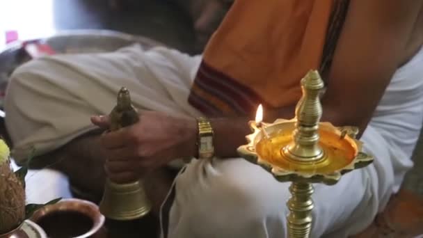 Ritual Master Rings Bell Groom Makes Offering Aroma Sticks Table — Stock Video