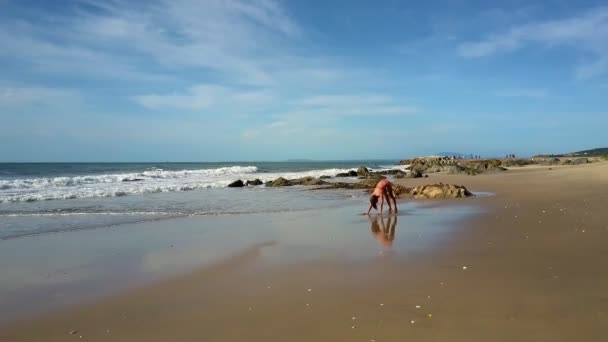 Closeup Strong Girl Holds Yoga Pose Svanasana Beautiful Beach Covered — Stock Video