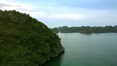 Drone yeşil kayalık sarp ada uçar ve panoramik Milli Parkı Okyanusu koyda gösterir